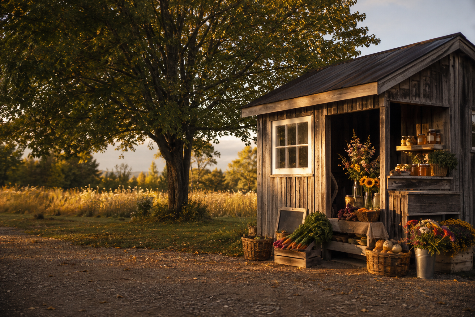 A small wooden farm shop surrounded by vegetables and flowers in warm morning light